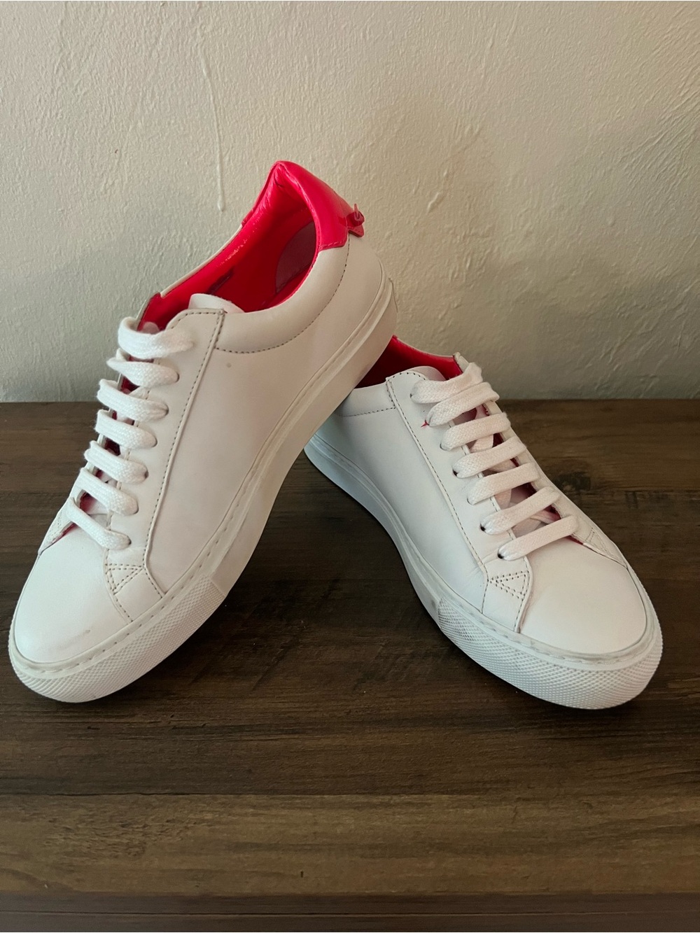 Authentic Givenchy Urban Street White Leather Sneakers with Hot Pink Accent